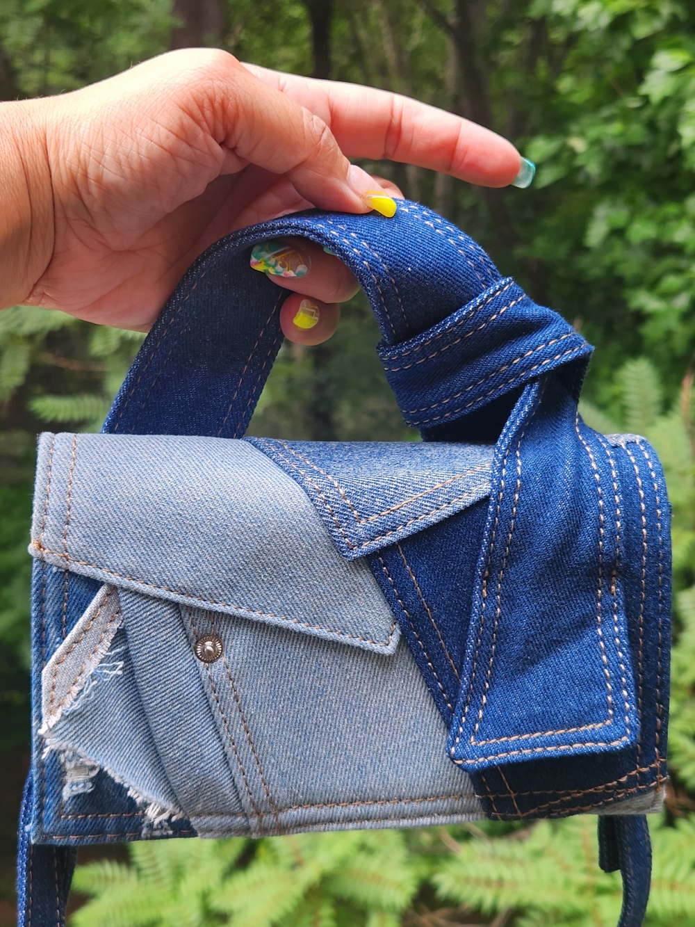 Denim Patchwork Statement Knot Handle Crossbody Bag With Removable Straps
